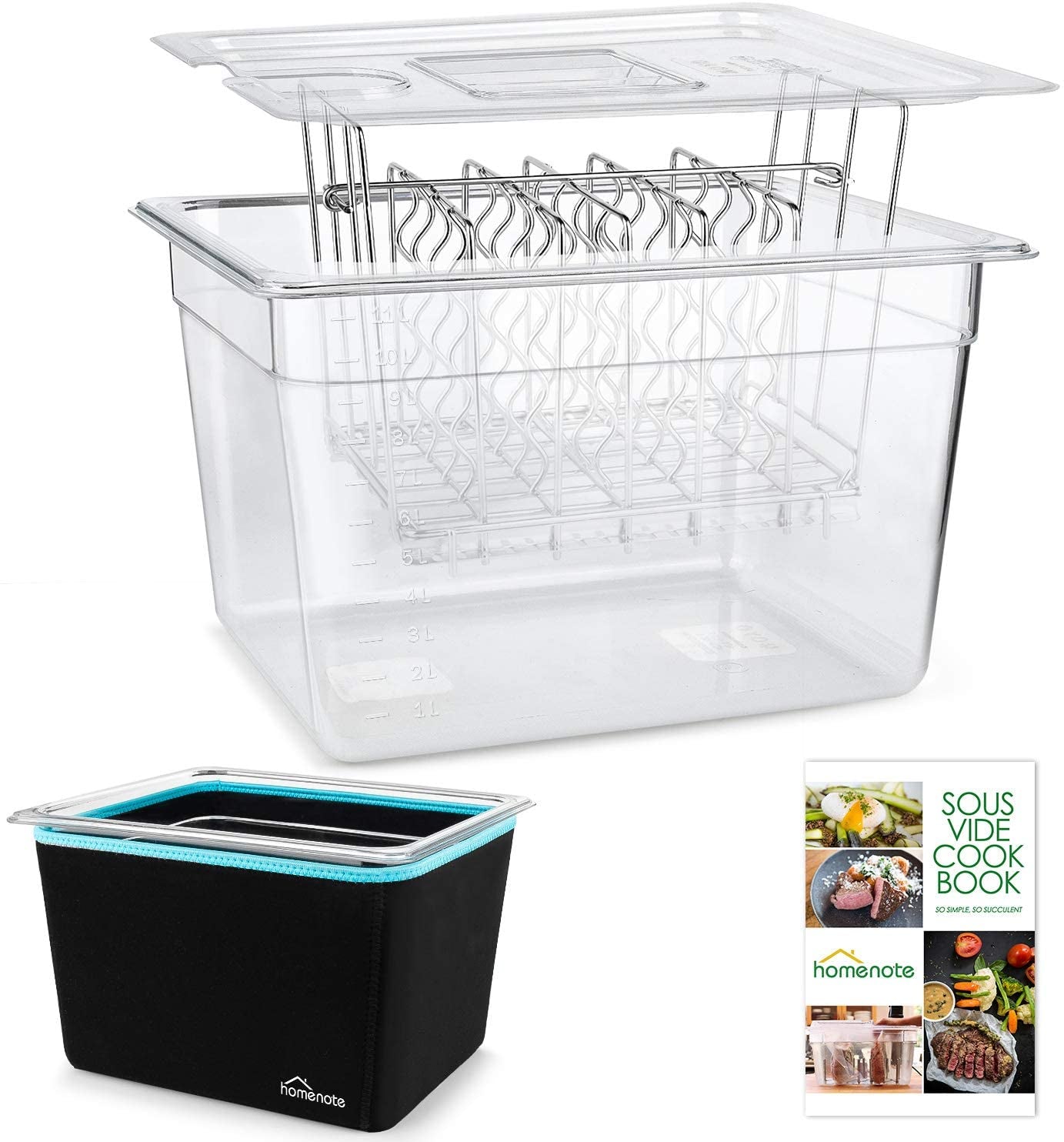 Container 12 Quart with Lid & Rack and Sleeve - BPA Free Complete Sous Vide Accessories Kit with Cookbook for Anova and Most Sous Vide Cookers